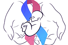 Illustration of a baby cradled in hands with loss ribbon